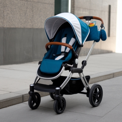 A modern teal and white baby stroller equipped with convenient accessories, including a storage pouch and a cup holder, parked on a smooth concrete sidewalk near a contemporary building. The stroller features a padded seat, sun canopy, and adjustable handlebars for comfort and convenience.