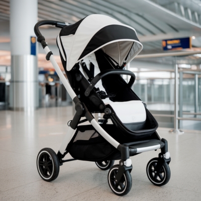A modern black and white stroller positioned inside an airport terminal near a railing, with directional signs in the background. The stroller features a sleek frame, a sun canopy, and durable wheels, ideal for travel.