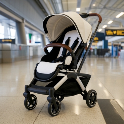 A stylish black and white stroller with a brown leather handlebar, positioned in a spacious airport terminal. The stroller is designed for travel convenience, featuring a reclining seat, secure harness, and sturdy wheels for smooth mobility.