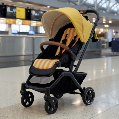 A modern yellow and black stroller with striped fabric seating, placed inside a well-lit airport terminal. The stroller features a sturdy frame, a comfortable reclined seat, and a sun canopy, making it ideal for travel with a baby or toddler.