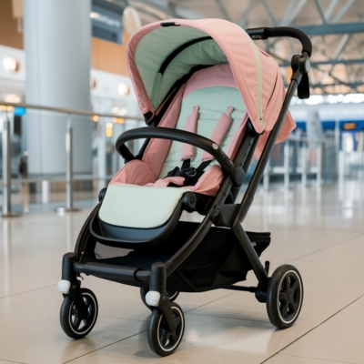 A stylish pink and mint green stroller with a sleek black frame, positioned inside a bright and spacious airport terminal. The stroller features a comfortable reclining seat, adjustable canopy, and durable wheels, making it an excellent choice for traveling families.