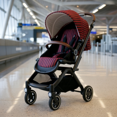 A modern black and red striped stroller with a sturdy frame and leather-accented handle, placed in a well-lit airport terminal. The stroller’s sleek design, padded seat, and swivel wheels make it a convenient travel companion for parents on the go.