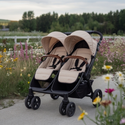 Double stroller with beige seats and canopies, leather-accented handles, and a durable frame, positioned on a garden path surrounded by wildflowers.