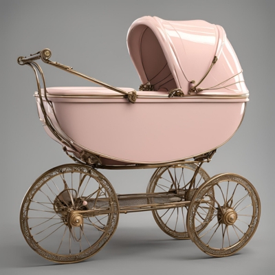 Elegant pink vintage baby stroller with a curved canopy and intricate gold detailing on the frame and wheels, highlighting classic stroller design.
