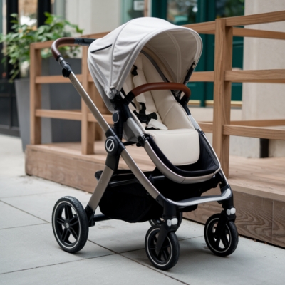 Chic beige stroller with a leather-accented handle and sturdy wheels, designed for parents seeking style and functionality in urban and suburban environments.