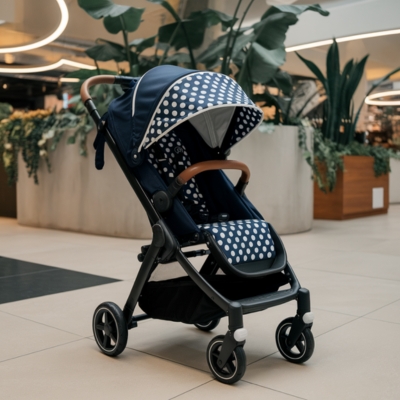 Navy blue baby stroller with a white polka dot canopy and brown handlebar, featuring a sturdy black frame, designed for various weight limits and age ranges, positioned in a stylish shopping mall near greenery.