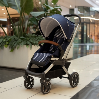 Navy blue baby stroller with a white polka dot seat and canopy, featuring a modern black frame and brown handlebar, positioned in a stylish shopping mall near indoor greenery, designed for various weight limits and age ranges.