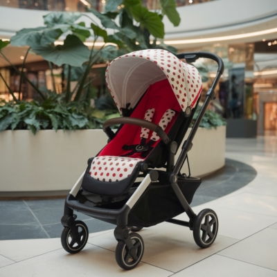 Red and white polka dot baby stroller with a modern black frame, parked in a shopping mall near a green indoor garden, combining style with functionality for urban parents.