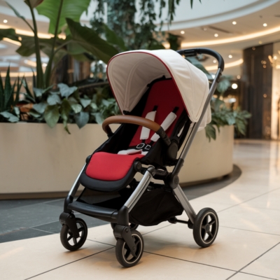 Compact red and white baby stroller with a black frame and brown handlebar, positioned in a modern shopping mall near lush greenery, designed for easy folding and space-saving storage in small homes.