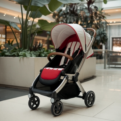 Sleek red and white baby stroller with a modern black frame and brown handlebar, parked in a stylish shopping mall surrounded by lush indoor plants, designed for compact storage and convenience in small living spaces.