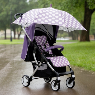 Purple and white polka dot baby stroller with a matching umbrella cover, parked on a rainy park path, providing full rain protection for infants and toddlers in wet weather.